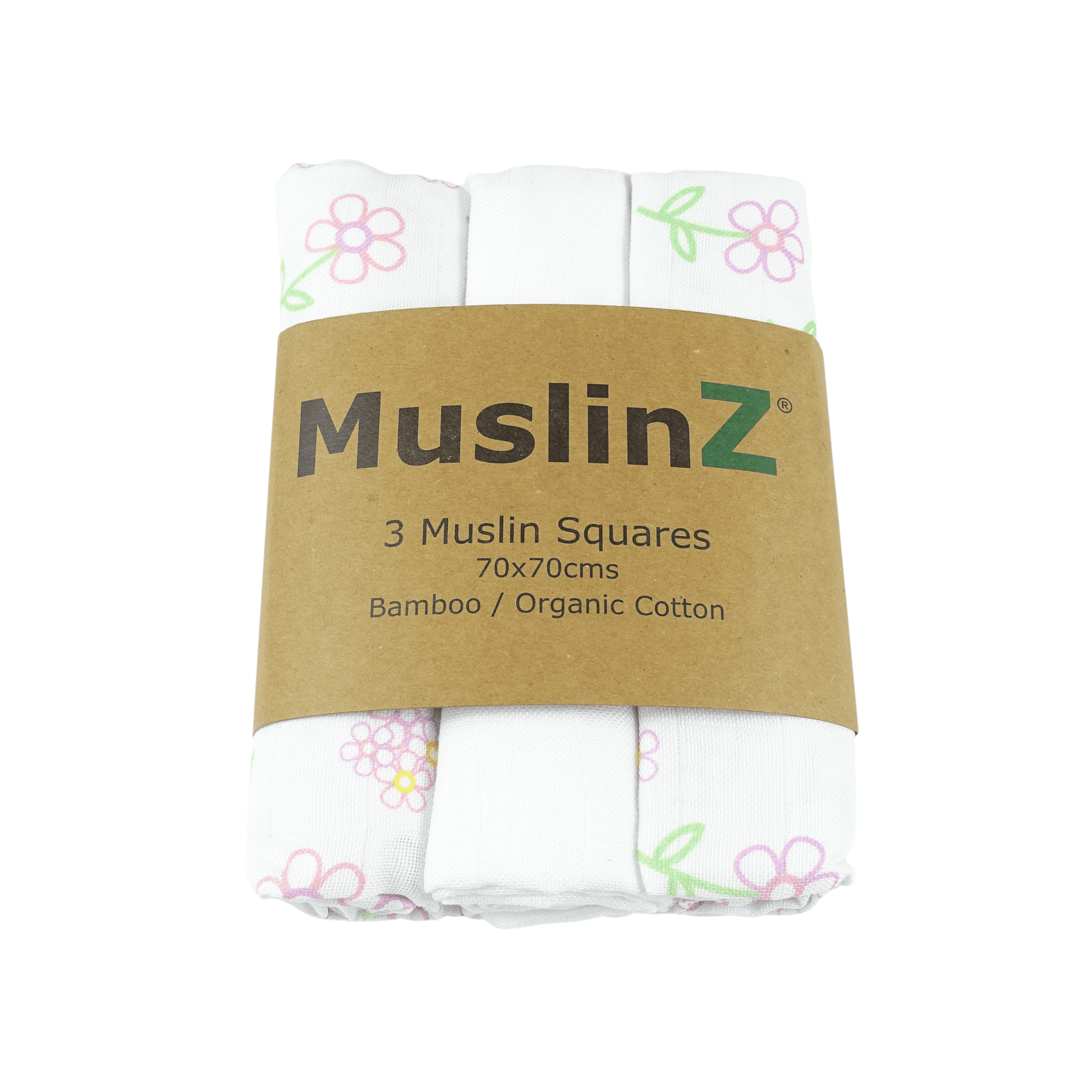 MuslinZ 3 Pack Bamboo/Organic Cotton Muslin Squares 70x70cm – Flowers