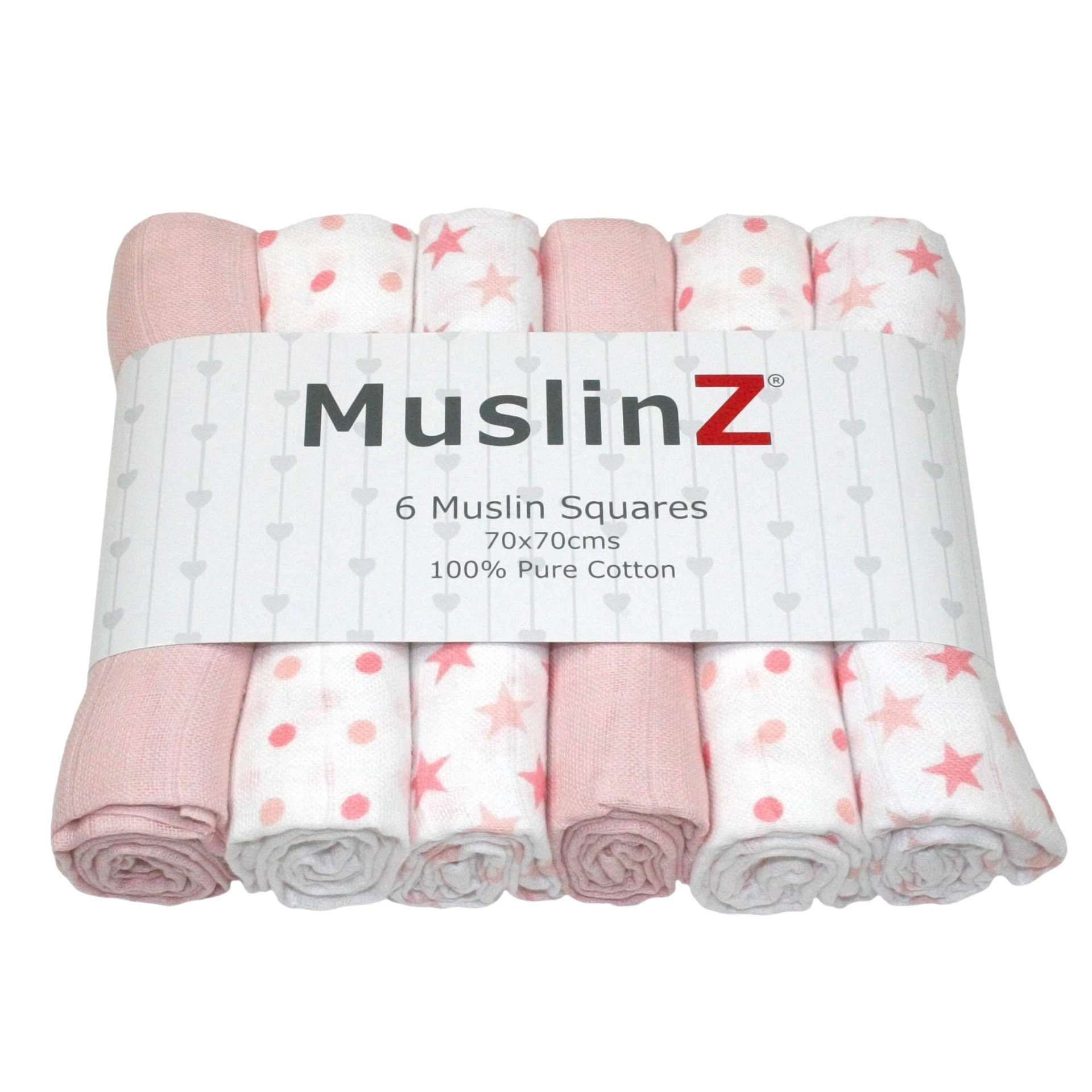 Muslinz 6pk Baby Muslin Squares Burp Cloths 70x70cm 100% Pure Cotton Pink Star
