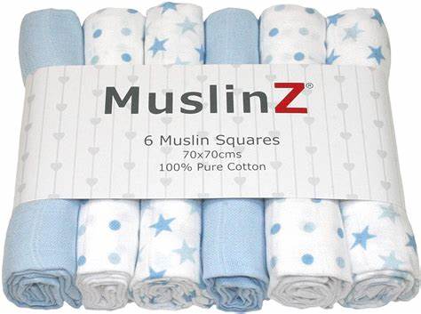 Muslinz 6pk Baby Muslin Squares Burp Cloths 100% Pure Soft Cotton 70x70cm Blue Stars