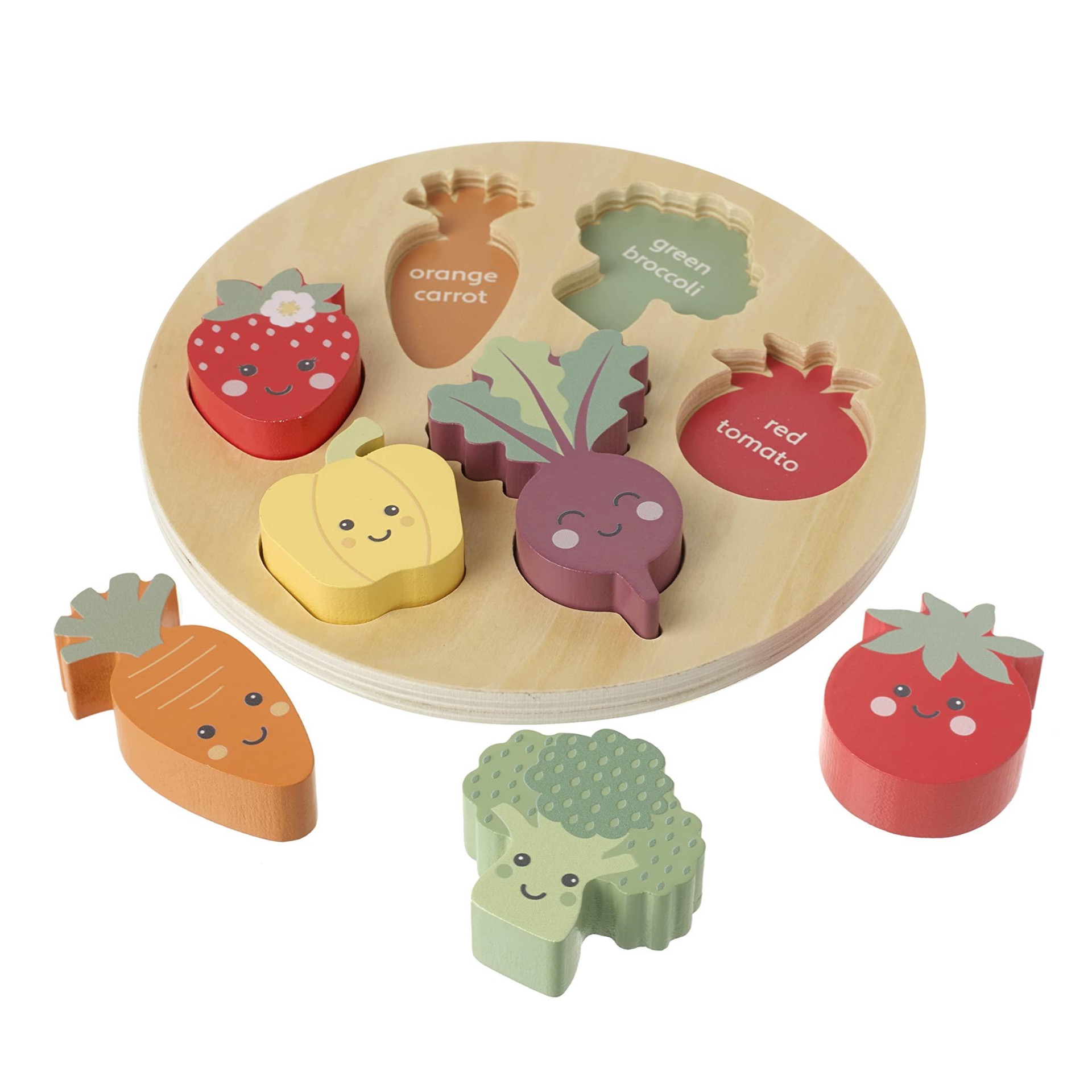 Happy Veggies Wooden Puzzle Board – Includes 6 Play Food Vegetables – Shape Sorter