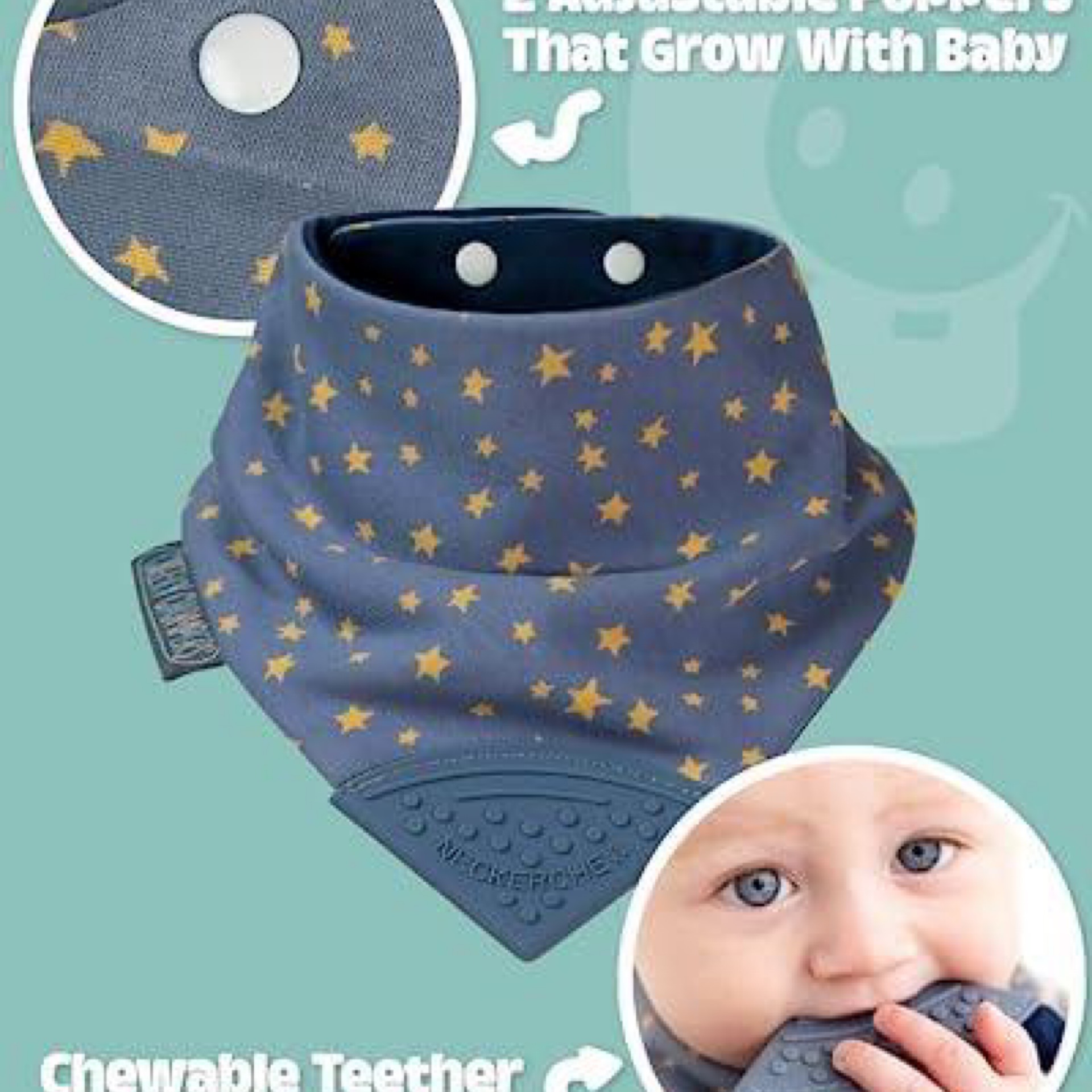 Baby Bib with Teether, Reversible – Midnight Stars